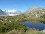 Le Bettmerhorn se refète dans le lac, et l'on aperçoit le glacier d'Aletsch à gauche