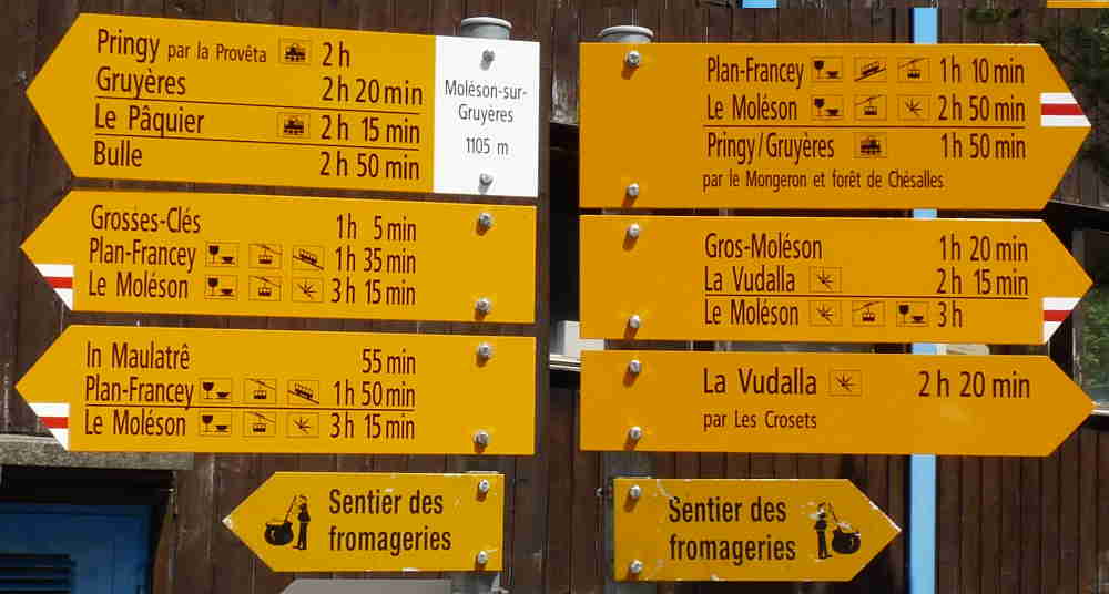 Composition de panneaux du Tourisme-pédestre photographiés à Moléson-sur-Gruyère 